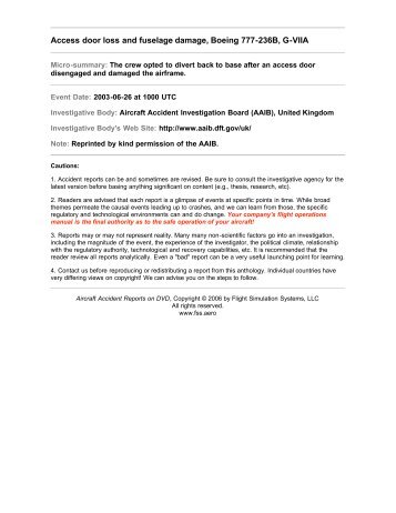 Access door loss and fuselage damage, Boeing 777 ... - Fss.aero