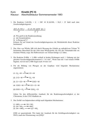 Kurs: Kinetik (PC II) Klausur: Abschlußklausur Sommersemester 1983