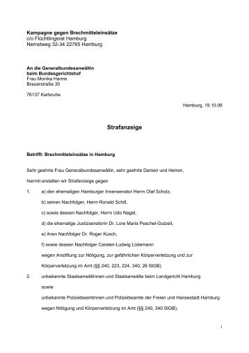 Strafanzeige vom 26.10.2006 - Flüchtlingsrat Hamburg