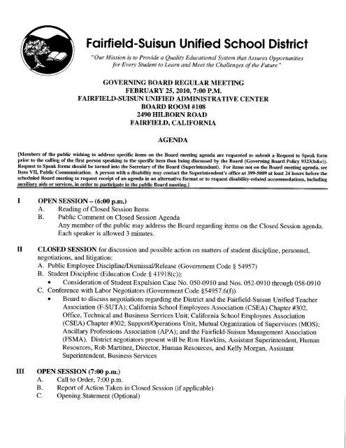 Agendas - Fairfield-Suisun Unified School District