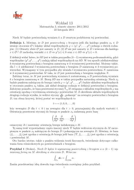 Wykład 13 i 14 - Twierdzenie Stokes'a, wzory analizy wektorowej
