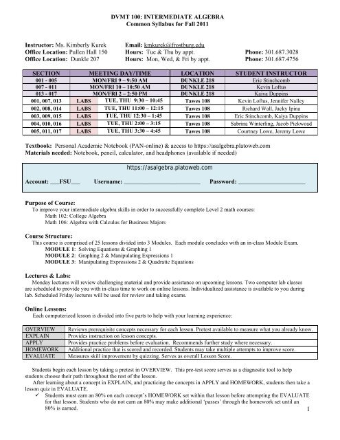 DVMT 100: INTERMEDIATE ALGEBRA Common Syllabus for Fall ...