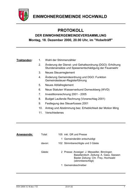 EINWOHNERGEMEINDE HOCHWALD PROTOKOLL - firma-web