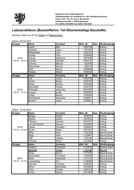 Laborpraktikum SS2012 für Internet.xlsx - Bergische Universität ...