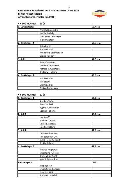 Resultater KM Stafetter Oslo Friidrettskrets 04.06.2013 ... - Friidrett.no