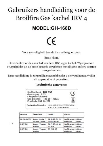 Gebruikers handleiding voor de Broilfire Gas kachel IRV 4 - Gaswinkel