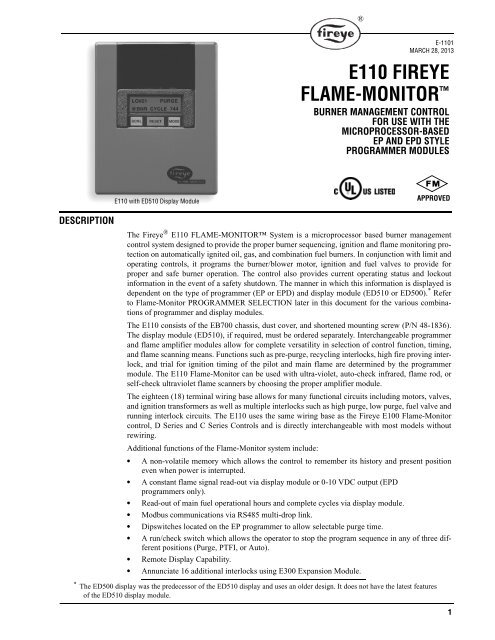 FULL WARRANTY AND APPROVALS NEW FACTORY SEALED Fireye E110 Flame Safe Chassis 