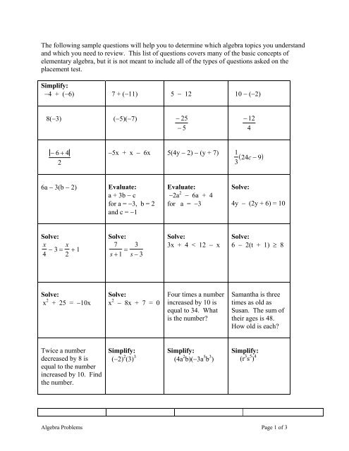 Elementary Algebra sample problems