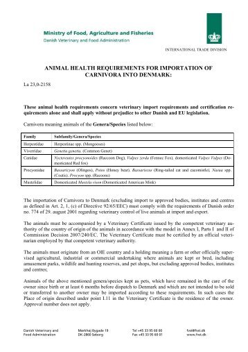 animal health requirements for importation of carnivora into denmark