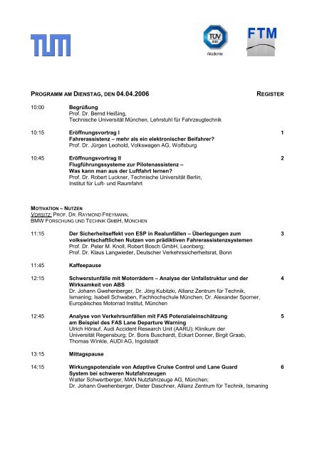 PROGRAMM AM DIENSTAG, DEN 04.04.2006 REGISTER 10:00 ...