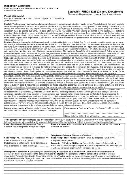 Inspection Certificate Log cabin FRB28-3226 (28 mm, 320x260 cm ...