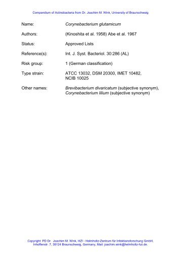 Name: Corynebacterium glutamicum Authors: (Kinoshita et ... - DSMZ