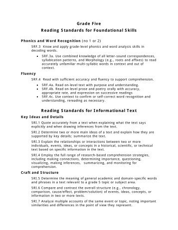 Grade Five Reading Standards for Foundational Skills Reading ...