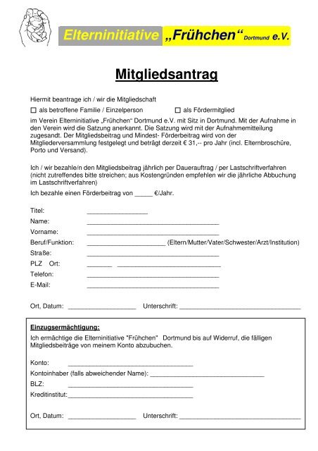 Elterninitiative „Frühchen“Dortmund e.V. Mitgliedsantrag