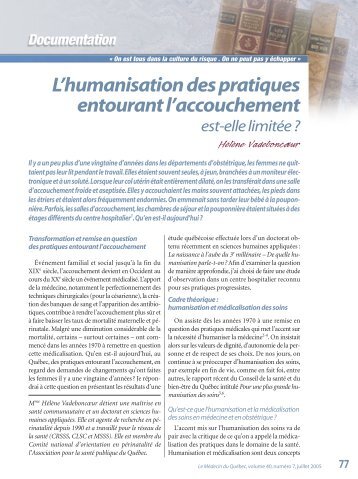 L'humanisation des pratiques entourant l'accouchement : est-elle ...