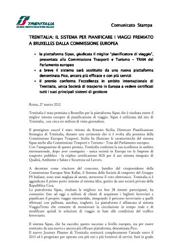 trenitalia: trenitalia: il sistema per pianificare i viaggi premiato per ...