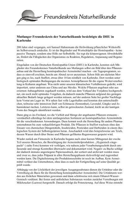 Pressemitteilung Besichtigung DHU - Freundeskreis Naturheilkunde ...