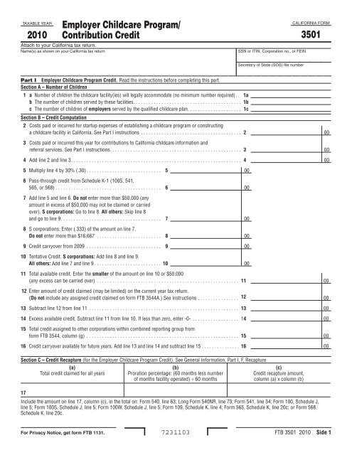 2010 Form 3501 - California Franchise Tax Board