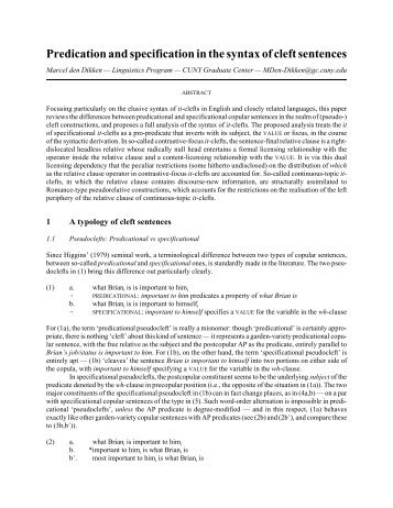 Predication and specification in the syntax of cleft sentences - CUNY ...