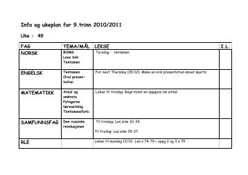 Info og ukeplan for 9.trinn 2010/2011 Uke - Frosta kommune