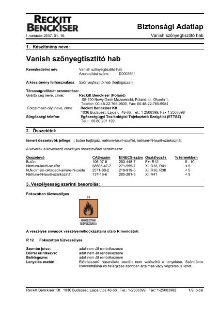 Biztonsági Adatlap Vanish szőnyegtisztító hab - Galatea Kft.