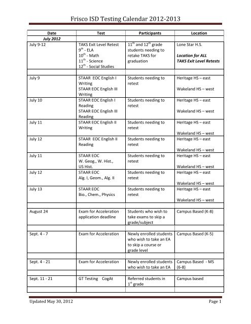 Frisco ISD Testing Calendar 2012-2013