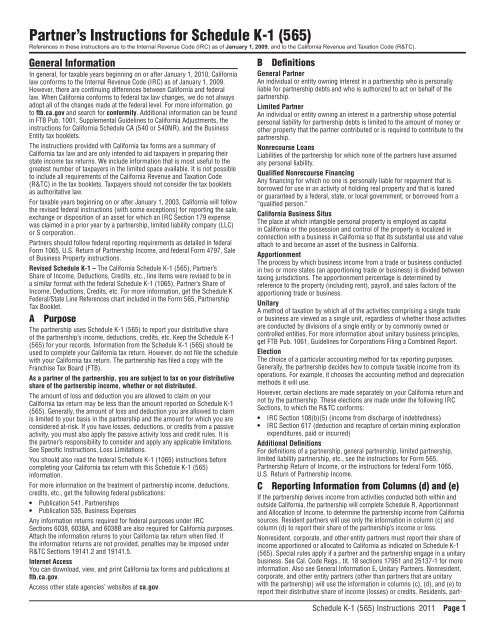 Schedule K-1 (565) Instructions - California Franchise Tax Board Schedule K-1 (565) Instructions - California Franchise Tax Board