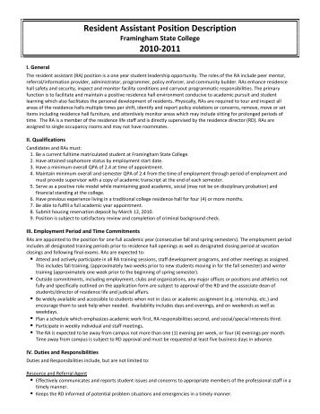 Resident Assistant Job Description and Position Agreement