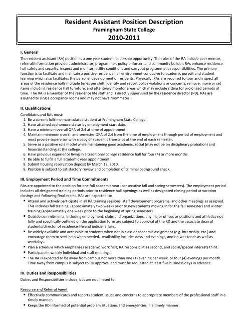 Resident Assistant Job Description and Position Agreement