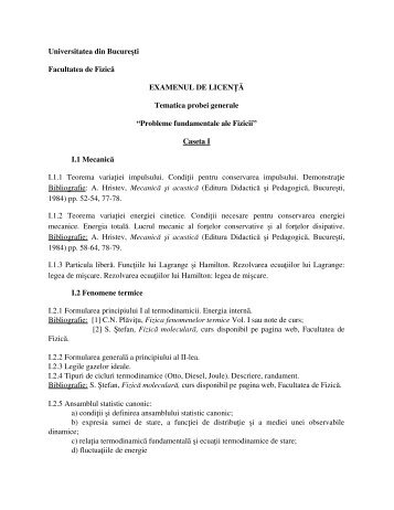 Tematica Licenta - Facultatea de Fizică din Bucureşti