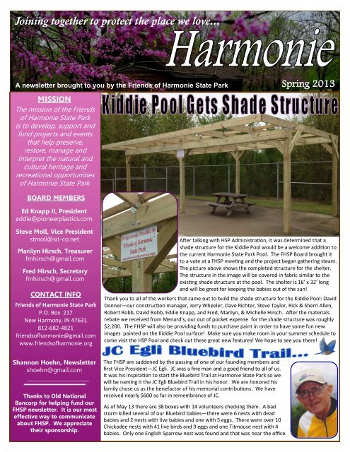 FHSP Spring 2013 Newsletter - Friends Of Harmonie State Park