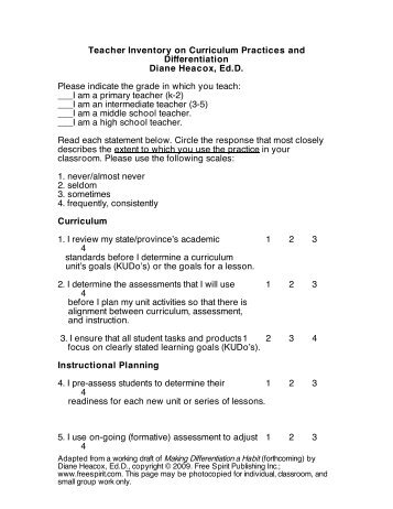 Teacher Inventory on Curriculum Practices and Differentiation Diane ...