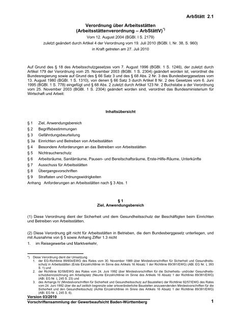 Arbeitsstättenverordnung - Gewerbeaufsicht - Baden-Württemberg