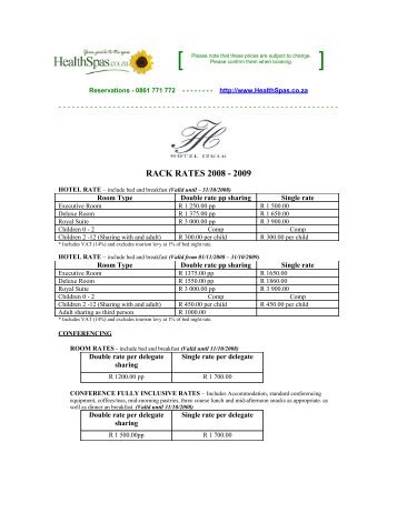 RACK RATES 2008 - 2009 - Health Spas Guide