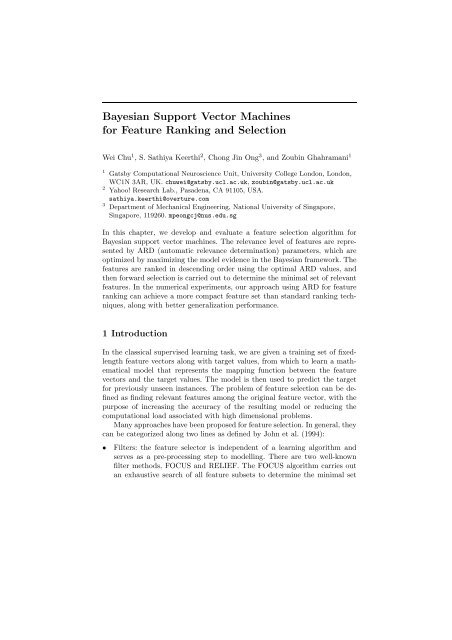 Bayesian Support Vector Machines for Feature Ranking and Selection