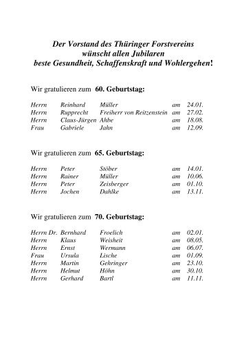 Der Vorstand des Thüringer Forstvereins wünscht allen Jubilaren ...