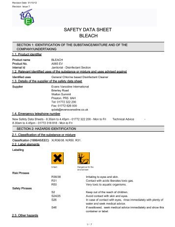 SAFETY DATA SHEET BLEACH - Evans Vanodine International plc