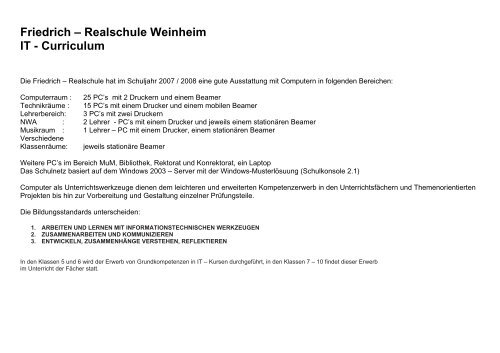 Friedrich – Realschule Weinheim IT - Curriculum - auf der Website ...