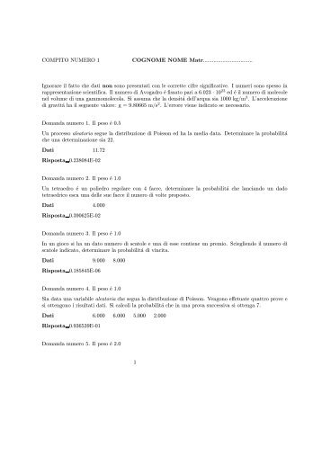 COMPITO NUMERO 1 COGNOME NOME Matr ... - Fisica