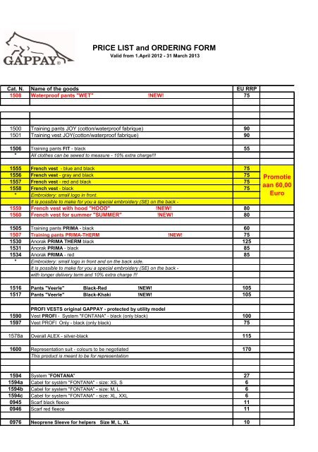 PRICE LIST and ORDERING FORM - Gappay