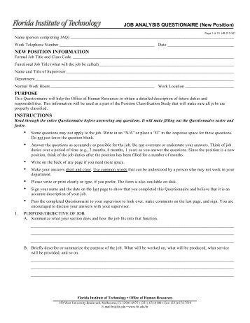JOB ANALYSIS QUESTIONAIRE (New Position) - Florida Institute of ...
