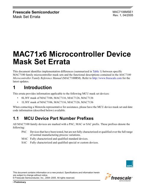 MAC71x6 Microcontroller Device Mask Set Errata - Freescale