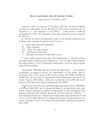 Breve curriculum vitae di Antonio Codino aggiornato al 31 ... - Fisica