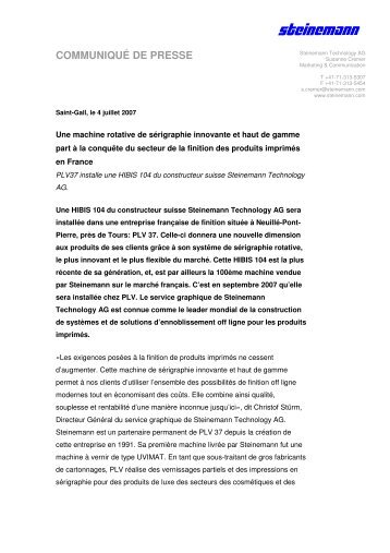 COMMUNIQUÉ DE PRESSE - Steinemann Technology AG