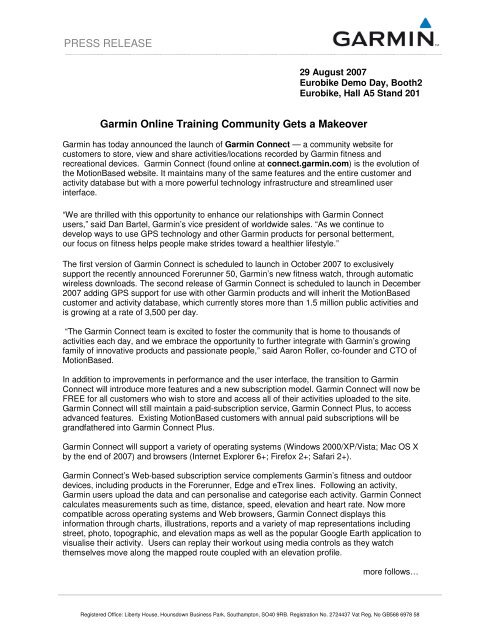 PRESS RELEASE Garmin Online Training Community Gets a ...