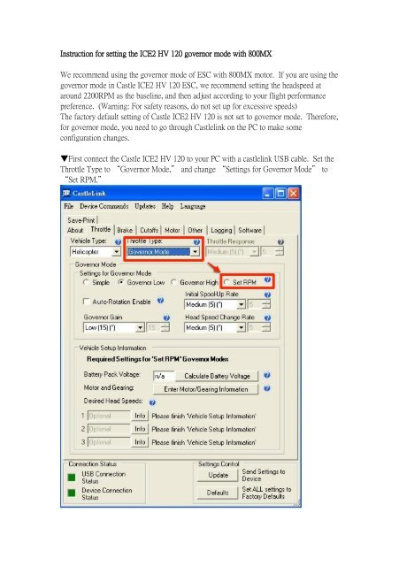 Instruction for setting the ICE2 HV 120 governor mode with 800MX