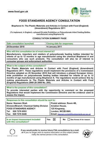 Bisphenol A: Plastic Materials and Articles in Contact with Food