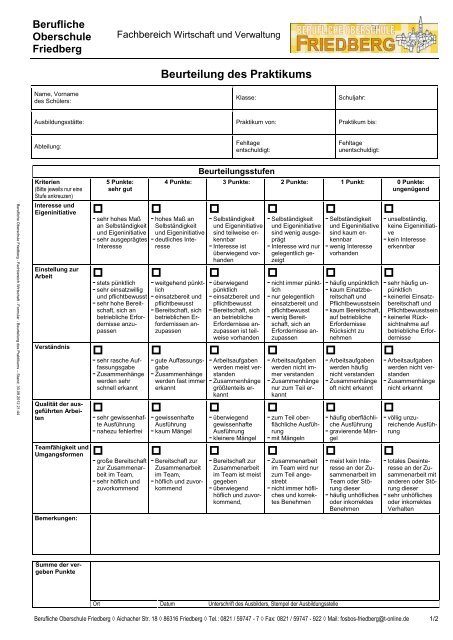 Beurteilungsformular für den Bereich Wirtschaft - FOS-Friedberg