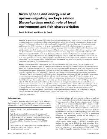 Swim speeds and energy use of upriver-migrating sockeye salmon ...