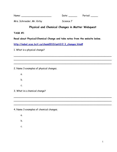 Physical and Chemical Changes in Matter Webquest